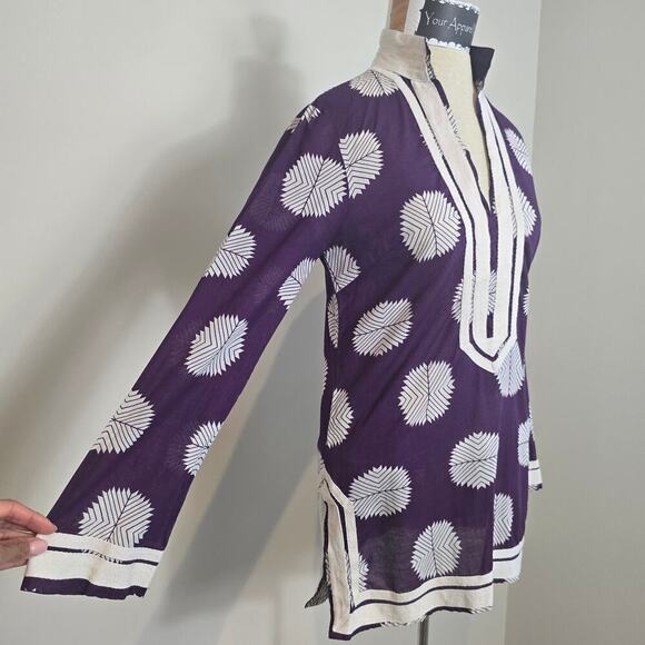 TORY BURCH Purple & White Long Sleeve V-Neck Tunic Sz 2 (721) - Picture 3 of 13